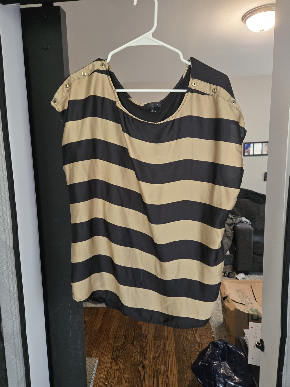 The Limited Black and Tan Striped Cap-Sleeve Blouse with Shoulder Studs
